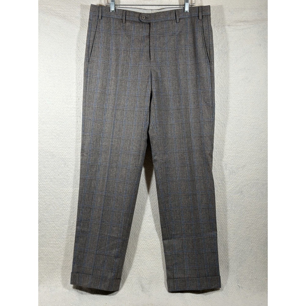 Zanella Gray Blue Plaid Wool Dress Pants Mens 36x33 Italy Cuffed Quiet Luxury